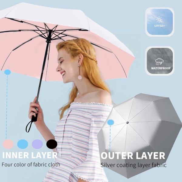 Tuulenpitävä Travel Compact Sateenvarjo-Automaattiset sateenvarjot Rain-Compact-taitettavalle sateenvarjolle, Travel Umbrella Compact, Pienet kannettavat Tuulenpitävät Sateenvarjot Silver/Pink