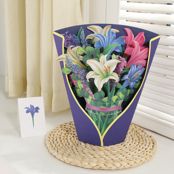 Freshcut paperista ponnahduskortit, liljat ja lupiinit, 12 tuuman Life Sized Forever Flower Bouquet 3D Popup -onnittelukortit muistikortilla ja kirjekuorella