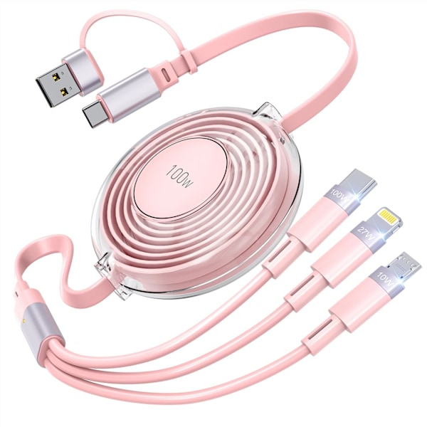 3-i-1 Multi-opladerkabel, Trækbart iPhone-oplader, 100W Hurtigopladning USB-C/A til Lightning/USB-C/Micro USB Telefonopladerkabel Pink