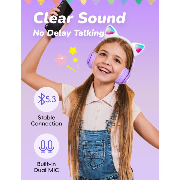 Cat Ear Bluetooth-hodetelefoner, trådløse hodetelefoner for barn med mikrofon, sammenleggbare LED-lys opp over-øre-hodetelefoner Volum begrenset 85dB jentehodetelefoner