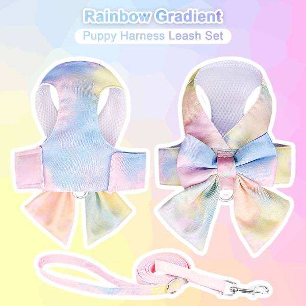 Suloinen rusetti koiran valjaat ja set Tyylikäs Rainbow Gradient -pentuvaljaat No Pull Pehmeä mesh Pet Cat koiran liivivaljaat pienille koirille kissoille, Yello Yellow S