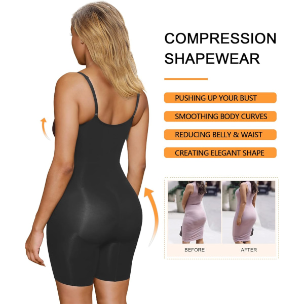 Kvinnors Shapewear Body Suit Tummy Control Body Shaper Seamless Sculpting Snatched Waist Body Suit Black Mid Thigh L