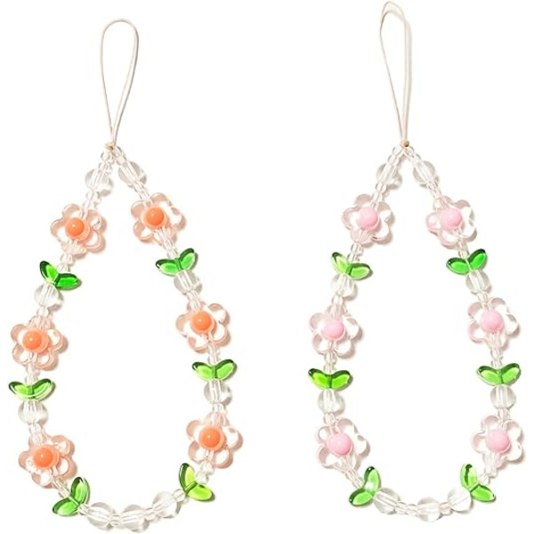 2 stk Blomster Telefon Charm Søte Telefon Charms Stropp Perle Telefon Nøkkelring Perle Telefon Lanyarder Pink &orange