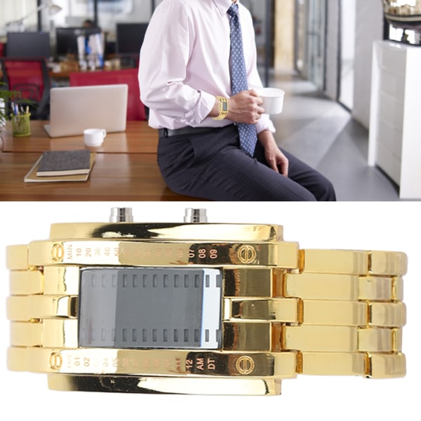 Miesten watch muodin hieno, vedenpitävä metalliseos miesten LED- watch binaarisen aikatilan näytöllä Gold