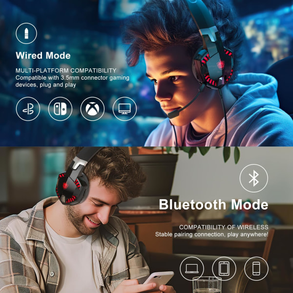 PS4 Gaming Headset for PS5, PC, Switch, G2000 Pro Bluetooth Wireless Over Ear-hodetelefoner for telefon, bærbar PC, med avtakbar støyreduksjonsmikrofon, Ste Red