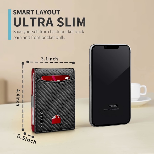 Smal Pengklämma Plånbok för Män RFID-Blockering 11 Kortplatser Minimalistisk Liten Läder Plånbok för Män Frontficka Presentask Carbon Black n Red