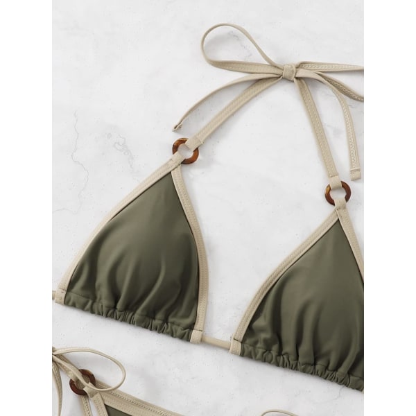 WJSM Dame Halterneck Tie Side Triangle Bikinisett Høy Skjæring 2 Delers Bikini Badetøy Ring Army Green L