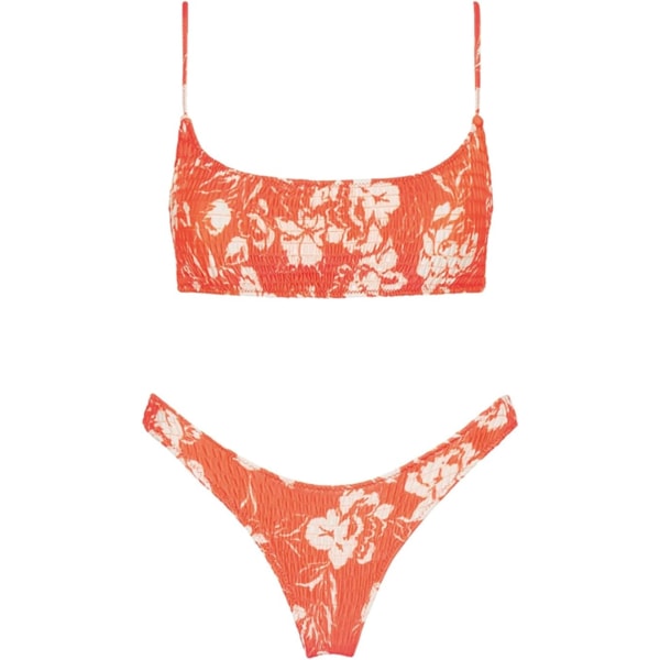 WJSM Triangel för kvinnor, bikini smockad texturerad skopa med print Ruchad elastisk baddräkt tvådelad baddräkt Red M