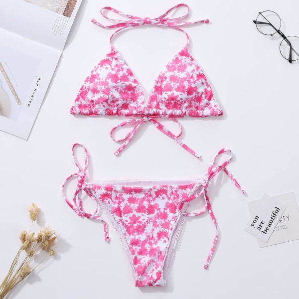 Bikini Set för Kvinnor, Triangel Badkläder, Bandage String Tanga Floral Red L