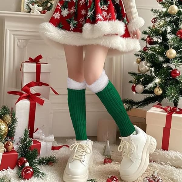 Fuzzy pelsmanchetter til kvinder - Vinter jule-dansebenvarmere, perfekte til cosplay-kostumefester og festlig stil Green