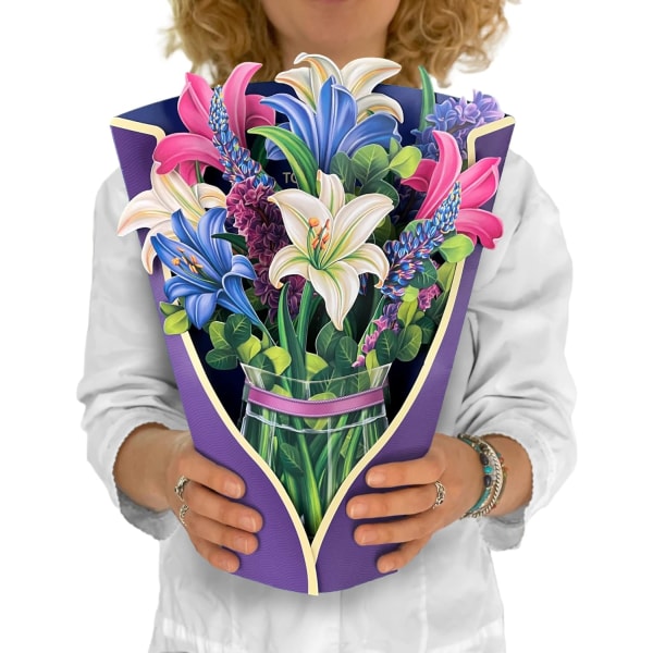 Freshcut paperista ponnahduskortit, liljat ja lupiinit, 12 tuuman Life Sized Forever Flower Bouquet 3D Popup -onnittelukortit muistikortilla ja kirjekuorella