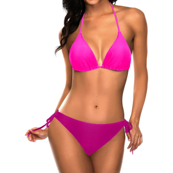 WJSMWomen Triangle Bikini set Halter tvådelad sexig baddräkt snöre sidobaddräkt Hot Pink Dark Pink L