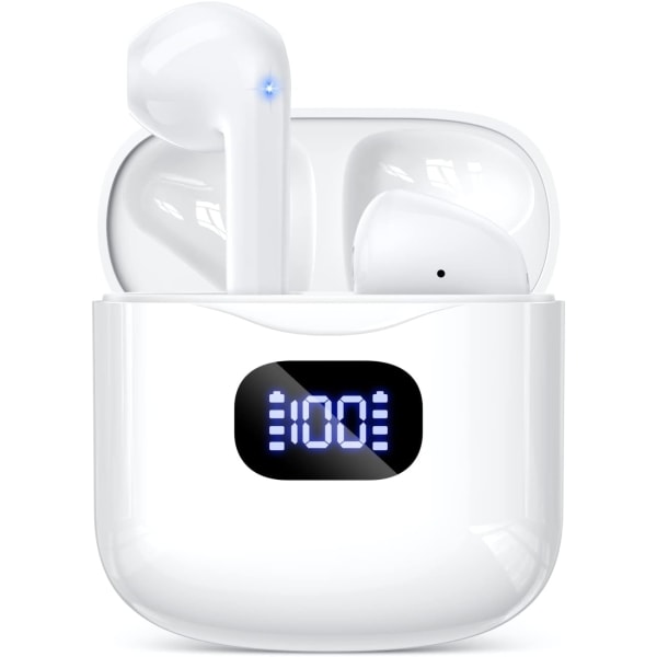 Trådløse øretelefoner, Bluetooth 5.3 hovedtelefoner 40 timers spilletid med opladningsetui, IPX5 vandtætte stereo øretelefoner med mikrofon til iPhone Andr White