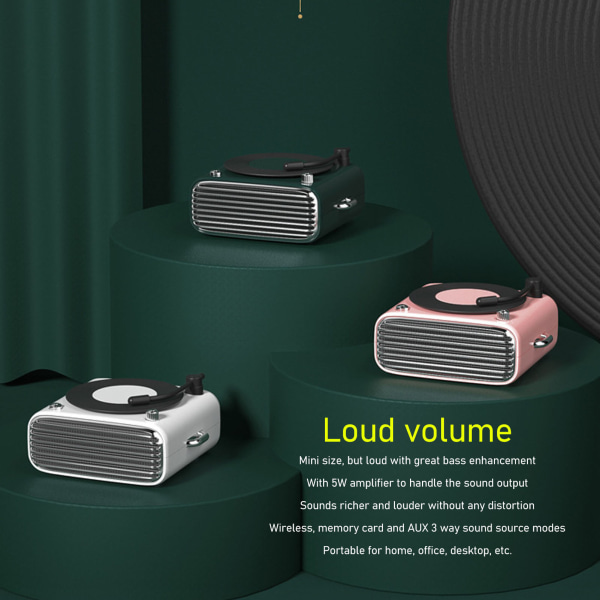 Bluetooth 5.0-högtalare i vinylspelar-stil, gammaldags klassisk stil, hög volym, trådlös Bluetooth-högtalare Pink