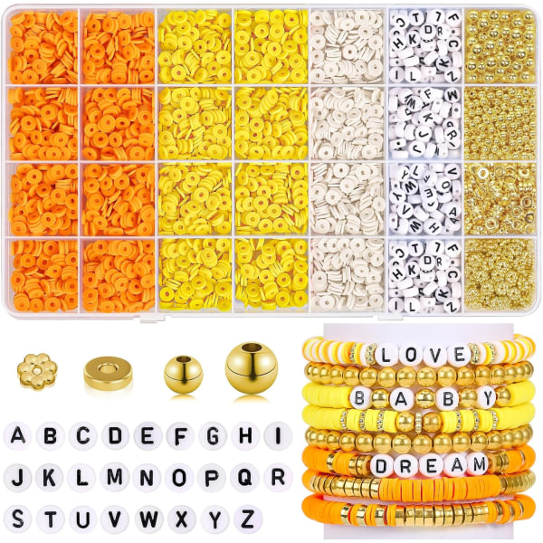 5000 stk Clay Bead Armbånd Making Kit for Jenter Vennskap Leir Beads for Armbånd Gul Oransje Hvite Perler Bokstav Gull Perler for smykker K Yellow Series Clay Beads