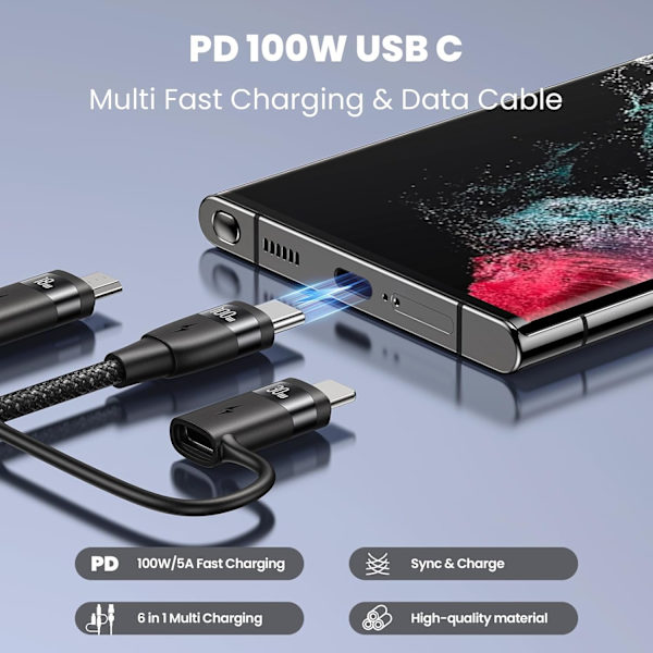 100W USB-C Multi-opladerkabel, USAMS 4FT 5-i-1 5A Hurtig Synkroniseringsopladeradapter Nylonflettet Type-C Kabel til Bærbar/Tablet/Telefon og Mere Black 1.2m