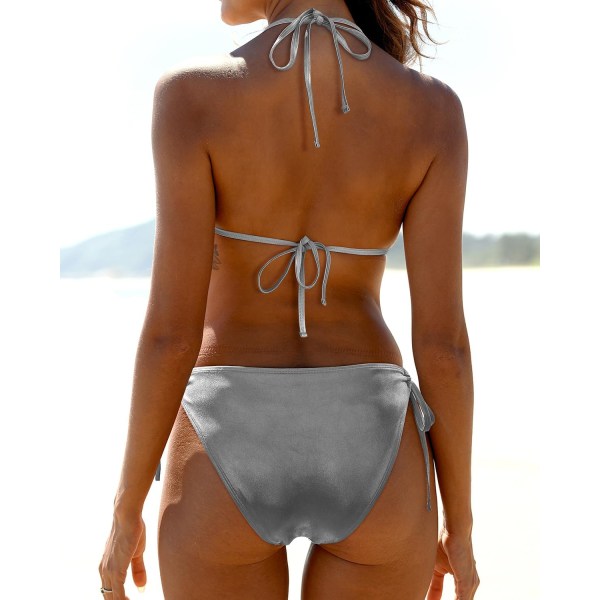 WJSMWomen Trekant Bikini Sæt Halter Todelt Sexy Badetøj Snøre Side Badetøj Silver New S