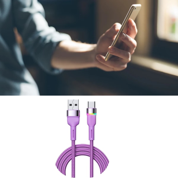 Hurtigladekabel Aluminiumslegering USB C ladedatalinje for telefon 3A fargerikt lys Purple