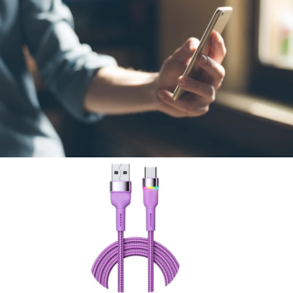 Snabbladdningskabel i aluminiumlegering USB C Laddningsdatakabel för telefon 3A Färgglatt ljus Purple