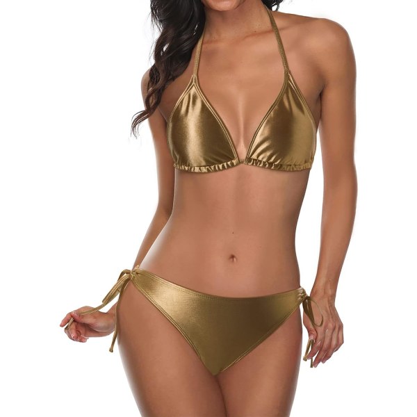WJSMWomen Triangle Bikini Sæt Halter Todelt Sexet Badedragt String Badedragt i siden Metallic Gold L