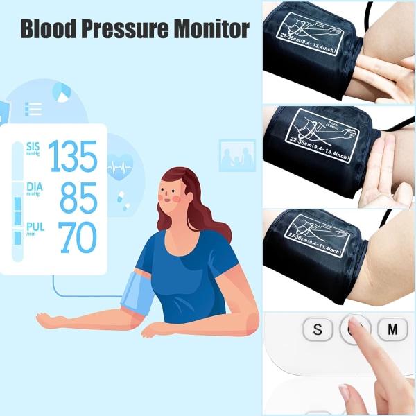 Bærbar blodtrykksmaskin, justerbar BP-mansjett på overarmen, 2 * 99 minne med stor skjerm egnet for hjem og reise (1 pakke)
