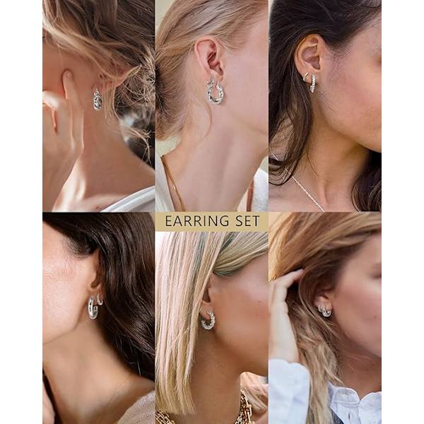 5 st Sliver Hoop Örhängen Set för Kvinnor Sliverpläterade Chunky Hoops Twisted Huggie Hoop Örhängen för Present Lättviktiga