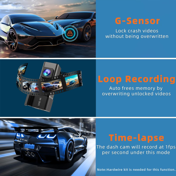 Dashcam 4K WiFi Framkamera för Bilar, Bilkamera Mini Dashcams med App, Instrumentbräda Kamera med 24H Parkeringssläge, Nattseende, Loopinspelning