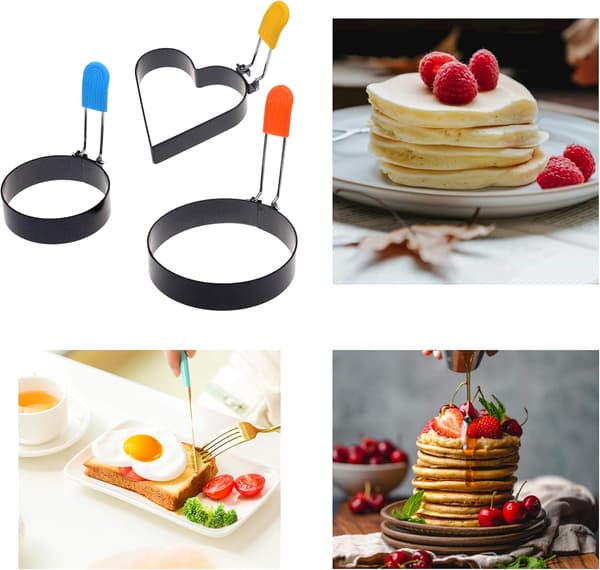3-delt burger- og eggering-sett – rund burgermold i rustfritt stål + hjerteformet former, non-stick stekeverktøy for omelett, pannekake, E