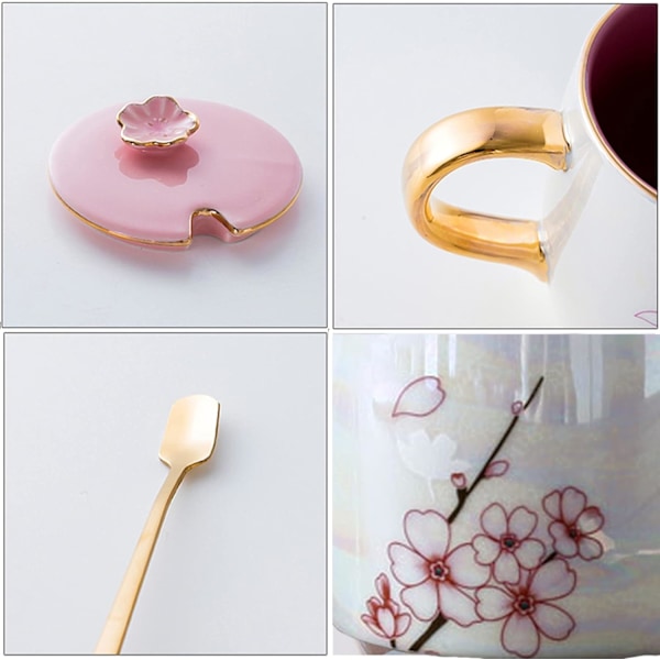13.5oz Keramikmugg med lock och guldsked i körsbärsblommönster - Vacker tekopp för kaffe, unik Sakura-gåva för kvinnor