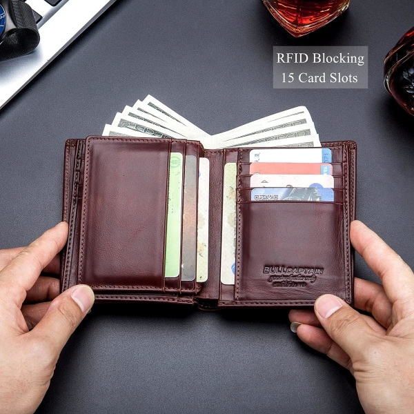 Stor Kapacitet Ægte Læder Bifold Tegnebog/Kreditkort Holder til Mænd med 15 Kortlommer QB-027 (Brun) Brown