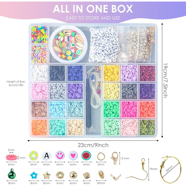 6500 stk Leireperler til armbåndslaging, 24 farger Flat Round Polymer Clay Heishi Perler til vennskaps smykkeproduksjonssett, med sjarm for armbånd N