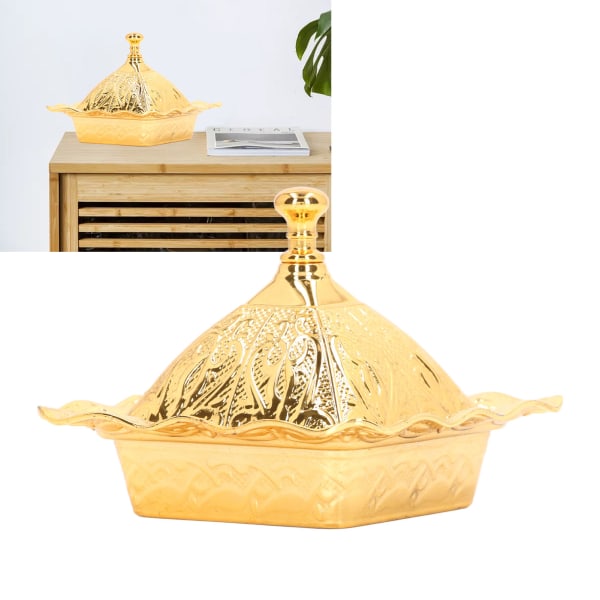 Gull serveringsskål Vintage mini kvadratisk form Gull sinklegering fest tyrkisk bolle med støvtett lokk for skrivebordspynt
