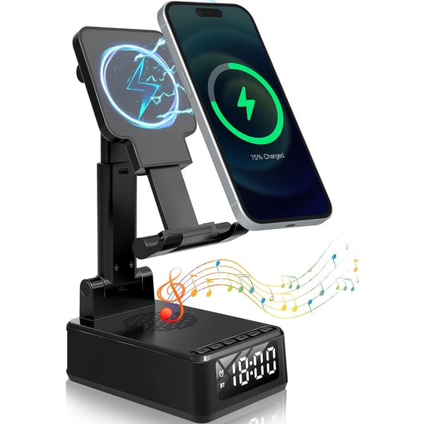 4 i 1 Bluetooth högtalarväckarklocka med trådlös laddare och mobiltelefonhållare, bärbar hopfällbar mobiltelefonhållare Audio Clock Present