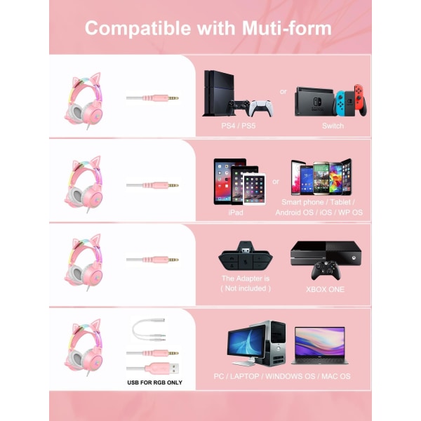 Lett spillhodetelefon med avtakbare katteører, gradient RGB-lys, kablede over-ørehodetelefoner for PC/PS4/PS5/XBOX/Switch, virtuell surroundlyd Pink