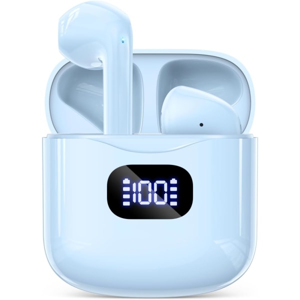 Langattomat kuulokkeet, Bluetooth 5.3 -kuulokkeet 40 tuntia soittoaikaa case, IPX5 vedenpitävät stereonappikuulokkeet mikrofonilla iOS Androidille Blue