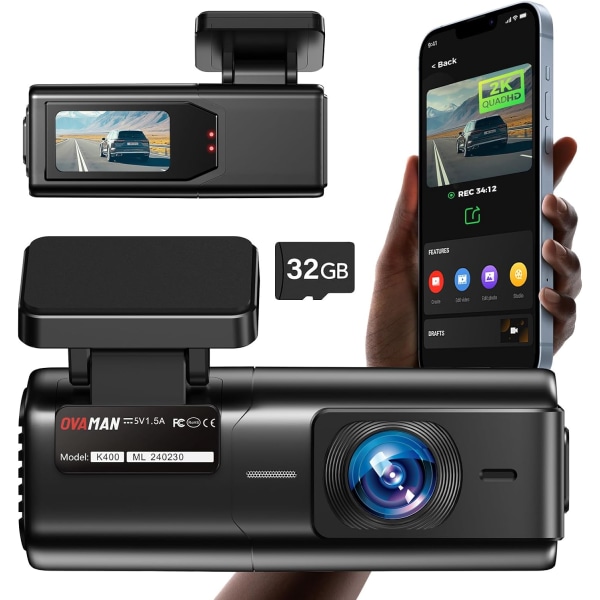 Dash Cam 2K 1440P WiFi Bilkamera med 1,47 tum IPS-skärm, 2K Front Dash-kamera för bilar, Mini Dashcams för bilar med mörkerseende, 24 timmars parkering