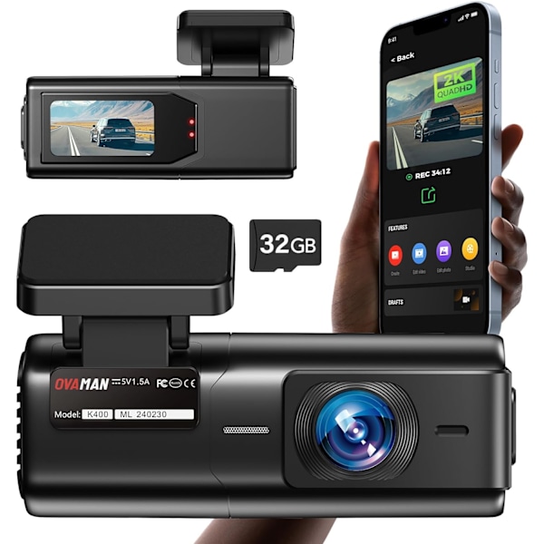Dash-kamera 2K 1440P WiFi autokamera 1,47 tuuman IPS-näytöllä, 2K etukamera autoille, Mini dash-kamerat autoille yökuvausominaisuudella, 24 tunnin pysäköinti