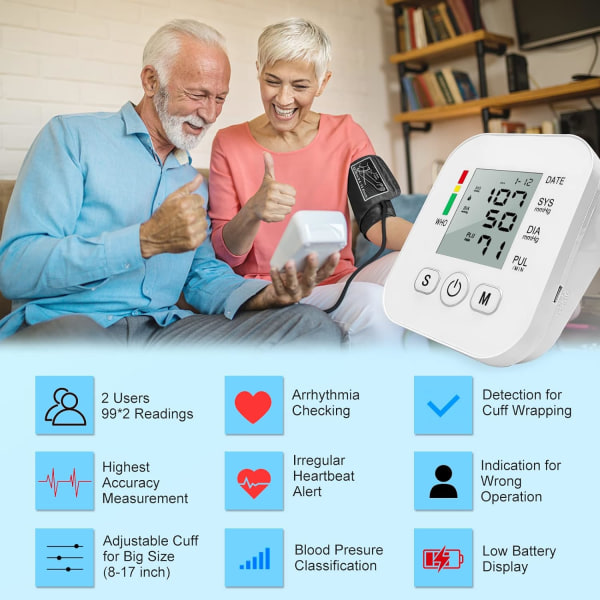Bärbar blodtrycksmaskin, justerbar BP-manschett på överarmen, 2 * 99 minne med stor skärm Lämplig för hem och resor (1 paket)
