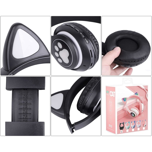 Bluetooth-hodetelefoner for barn, søte katteører med LED-lys, sammenleggbare hodetelefoner, stereo over øret med mikrofon/TF-kort, trådløse hodetelefoner for iPhone Black