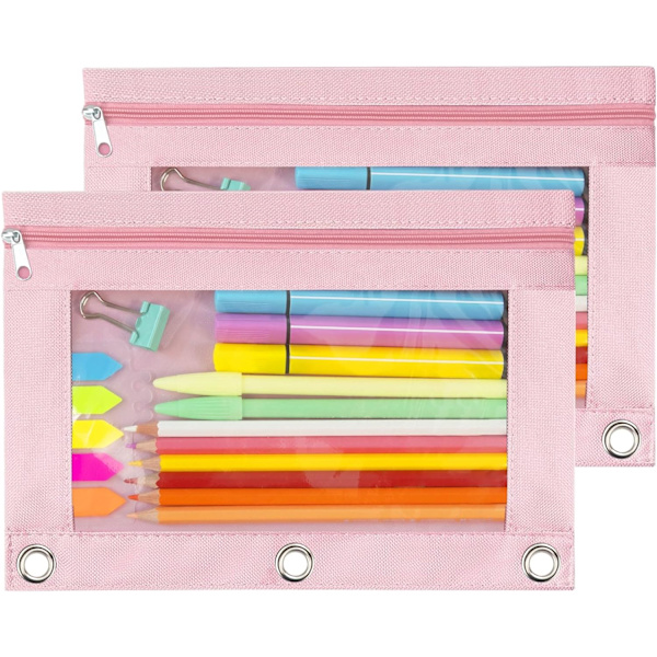 Blyantpose 3 Ring, Lynlås Blyantposer Etui Binder Kosmetikpung Sort 2 Pak 2Pink