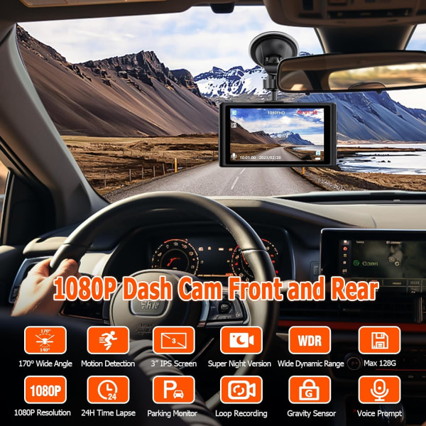 1080P Dash Cam foran og bak med 32 GB SD-kort, Dual Dash-kamera for biler, 3" IPS Display Dashcam med Type-C-port, WDR, G-Sensor, Loop Recording, 24H T