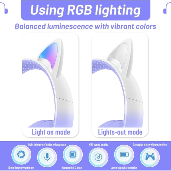 Bluetooth-hovedtelefoner til børn, søde katteører med LED-lys, foldbare hovedtelefoner, stereo over øre med mikrofon/TF-kort, trådløse hovedtelefoner til smartphones Soft Purple