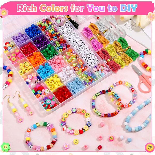 Perle Armbånd Lagingssett, Perlesett for Armbånd Laging med Pony Perler, Polymer Frukt Leire Perler, Charm Perler, Bokstav Perler for Armbånd og Smykker