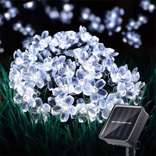 Utendørs Solcelleblomster Lyslenke Vanntett 50 LED Feelyssløs Dekorasjoner for Juletre Hage Patio Gjerde Hage Vår (Kald Hvit) Cool White
