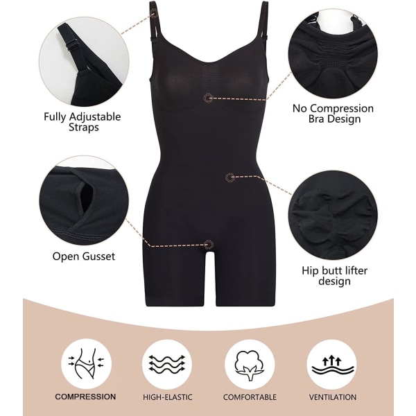 Shapewear Body til kvinder - Body Shaper med mavekontrol - Sømløs skulpturering - Snatched Waist Body Suit Black Mid Thigh S