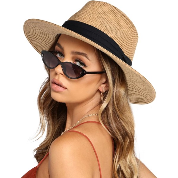 Dame og Herre Bredbremmet Panama Hat Fedora Sommer Strand Solhat UPF Halmhat til Kvinder Khaki