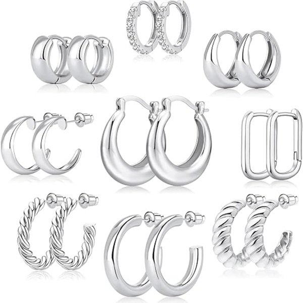 9 st Sliver Hoop Örhängen Set för Kvinnor Sliverpläterade Chunky Hoops Twisted Huggie Hoop Örhängen för Present Lättviktiga Sliver