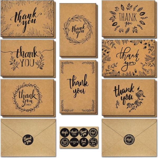 Takkekort med konvolutter - 2 sæt Premium Kraft takkekort Bulk - takkekort med 8 yndefulde designs, 4x6