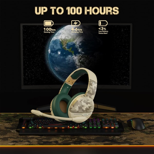 G08 trådløst gaming-headset med mikrofon: 100 timers batterilevetid, 10 m rækkevidde, unik ørkenfarve, kompatibel med PS4/PS5/PC/Mac