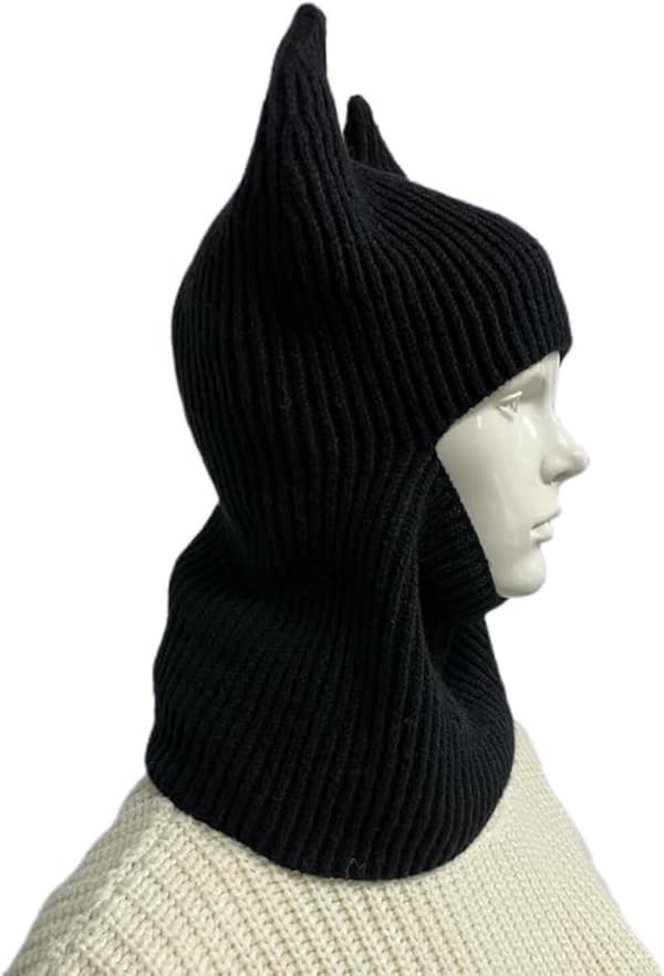 Gothic Bat Ear Stickad Balaclava - Varm Heltäckande Mössa, Vinteraccessoar för Utomhusbruk Black